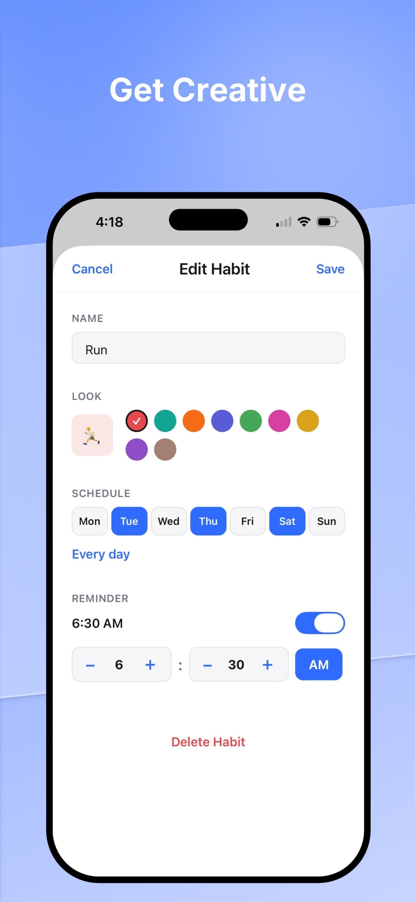 The edit habit screen, with a name field, a row of colour swatches, weekday toggles for the schedule, and a reminder time set to 6:30am.