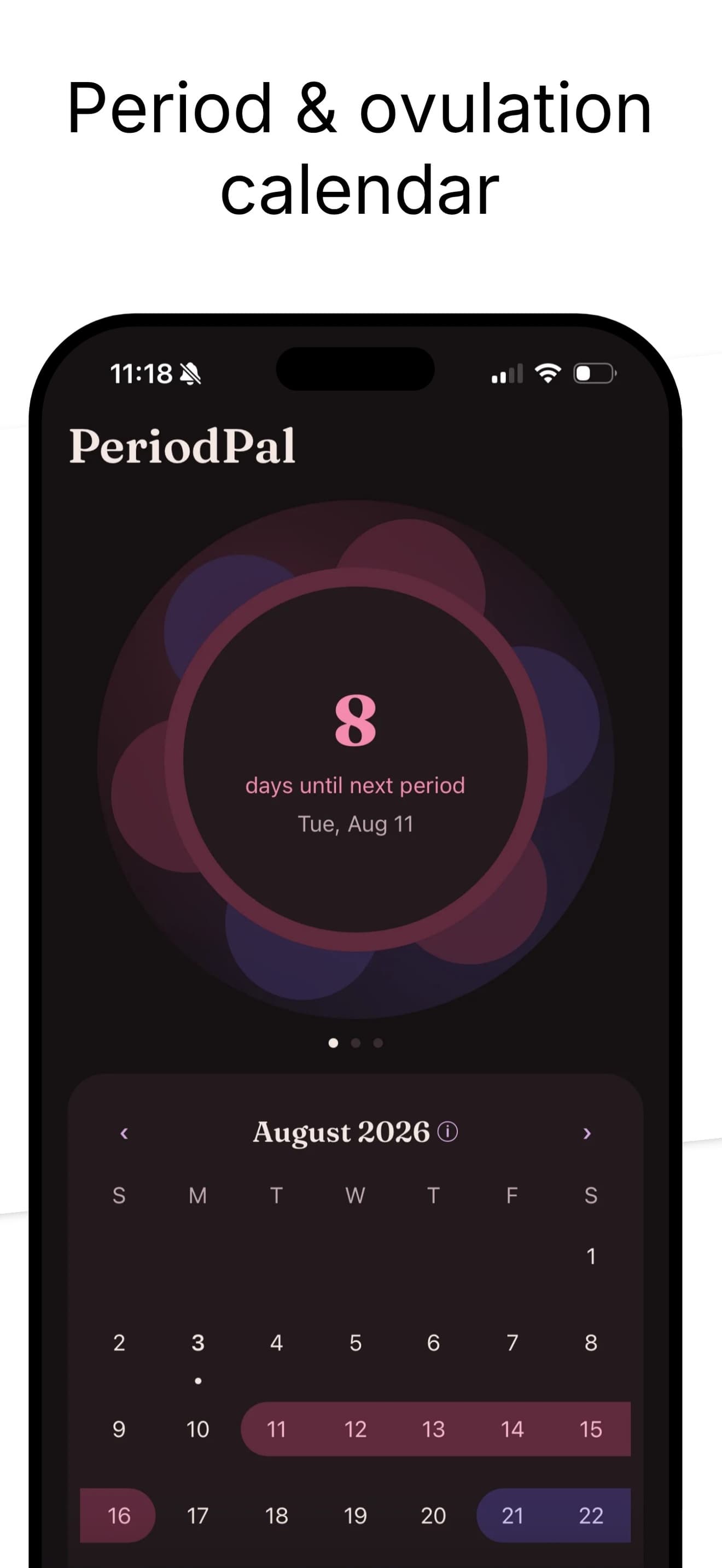 The home screen in the dark theme: a ring of overlapping petals around a large 8, reading days until next period on Tuesday August 11, above an August 2026 calendar with the predicted period drawn as a band across the 11th to the 16th.