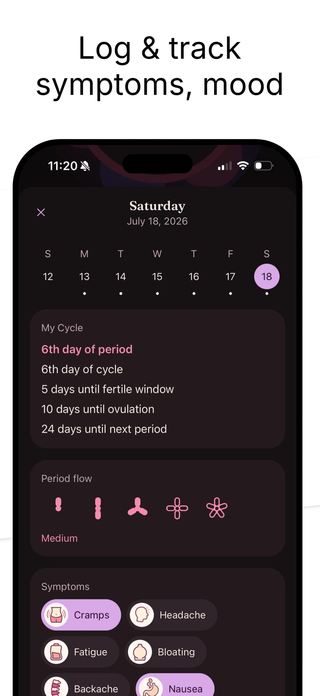 The day sheet for Saturday July 18, listing sixth day of period, five days until the fertile window and ten until ovulation, with period flow set to medium and the symptoms cramps and nausea ticked.