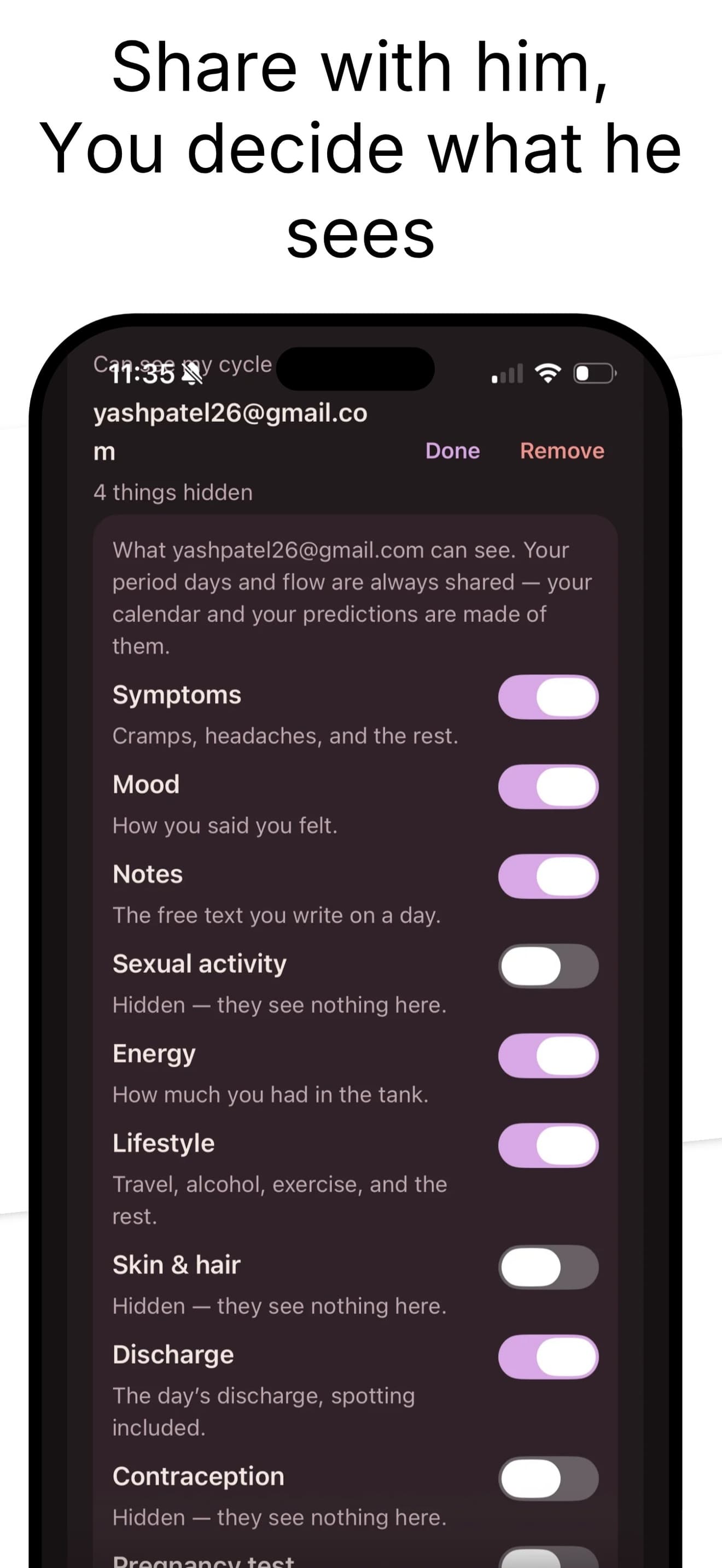 The per-viewer sharing controls, headed four things hidden: switches for symptoms, mood, notes, energy, lifestyle and discharge turned on, and sexual activity, skin and hair, contraception and pregnancy test turned off.