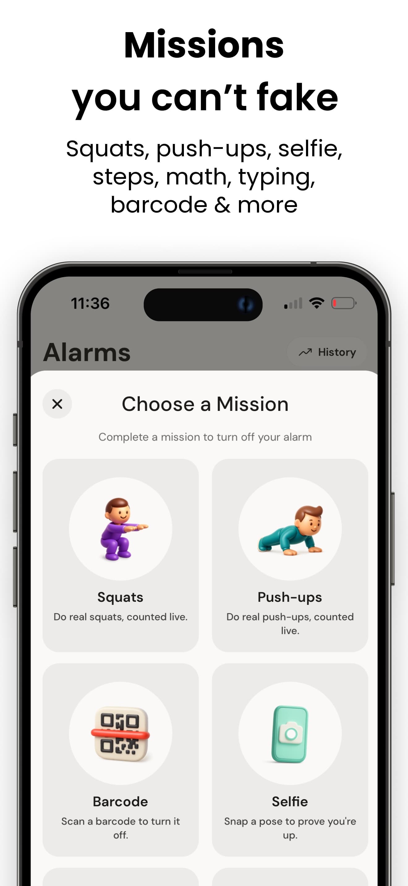 The Choose a Mission sheet: squats, push-ups, barcode and selfie tiles, each with a line on what it takes to turn the alarm off.