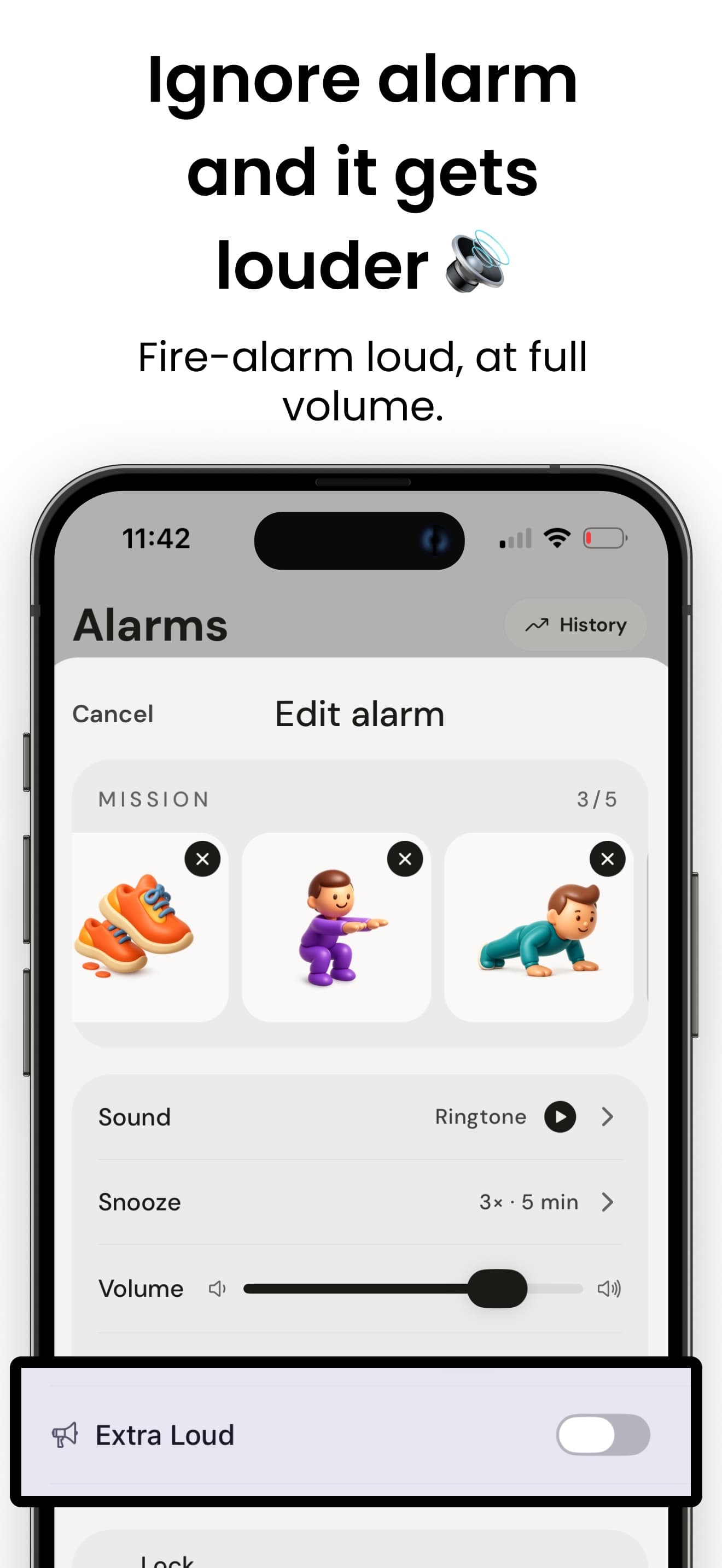 The Edit alarm screen with three of five missions set, steps, squats and push-ups, above the sound, snooze and volume rows and an Extra Loud toggle.