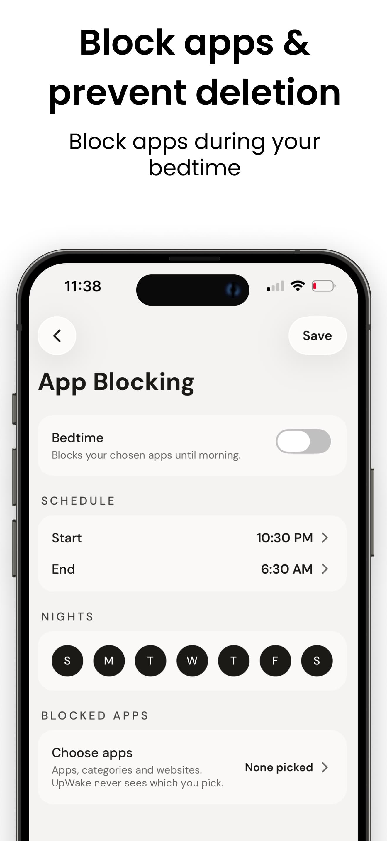 The App Blocking screen: a Bedtime toggle, a 10:30 PM to 6:30 AM schedule, every night selected, and a Choose apps row.