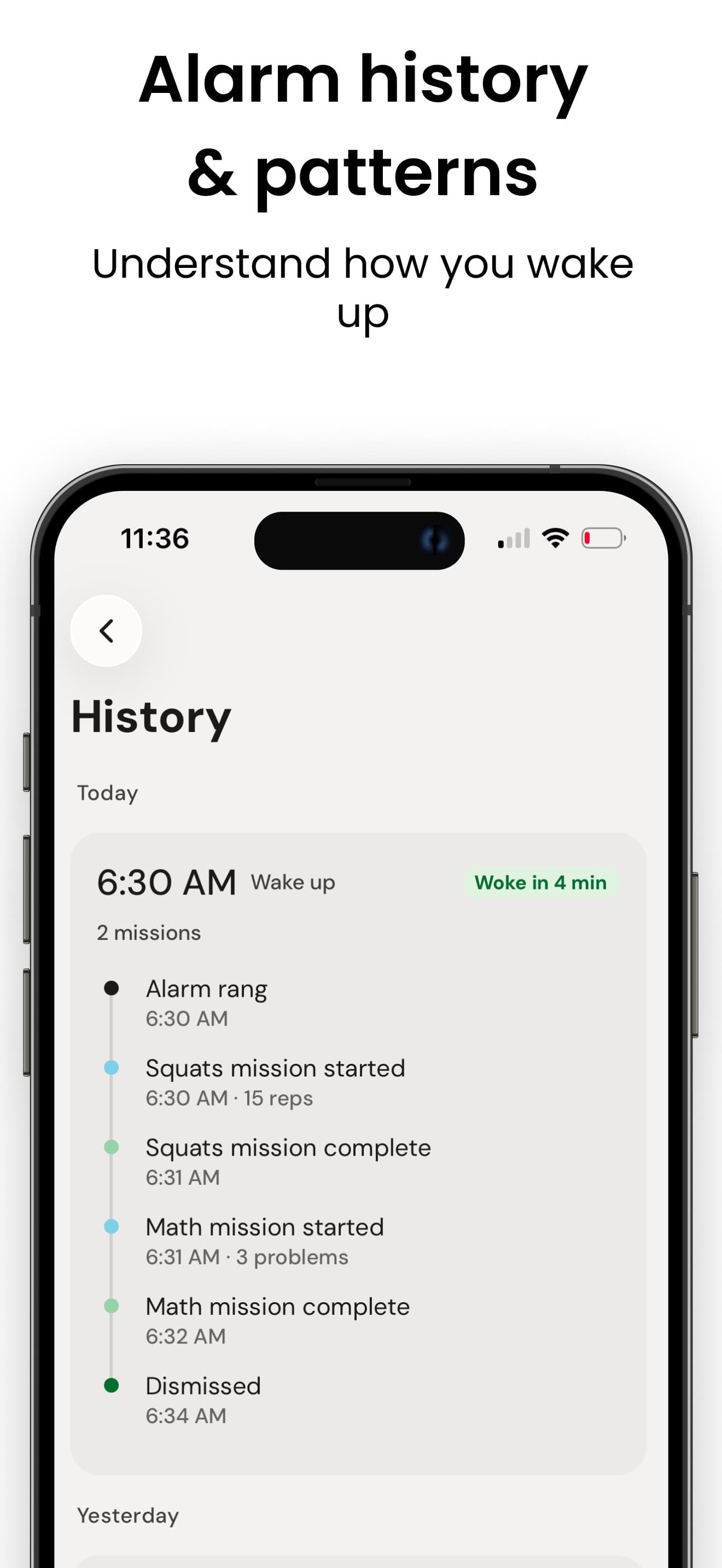 The History screen for today's 6:30 AM wake-up, woke in four minutes, listing the alarm ringing, a squats mission, a math mission, then dismissed.