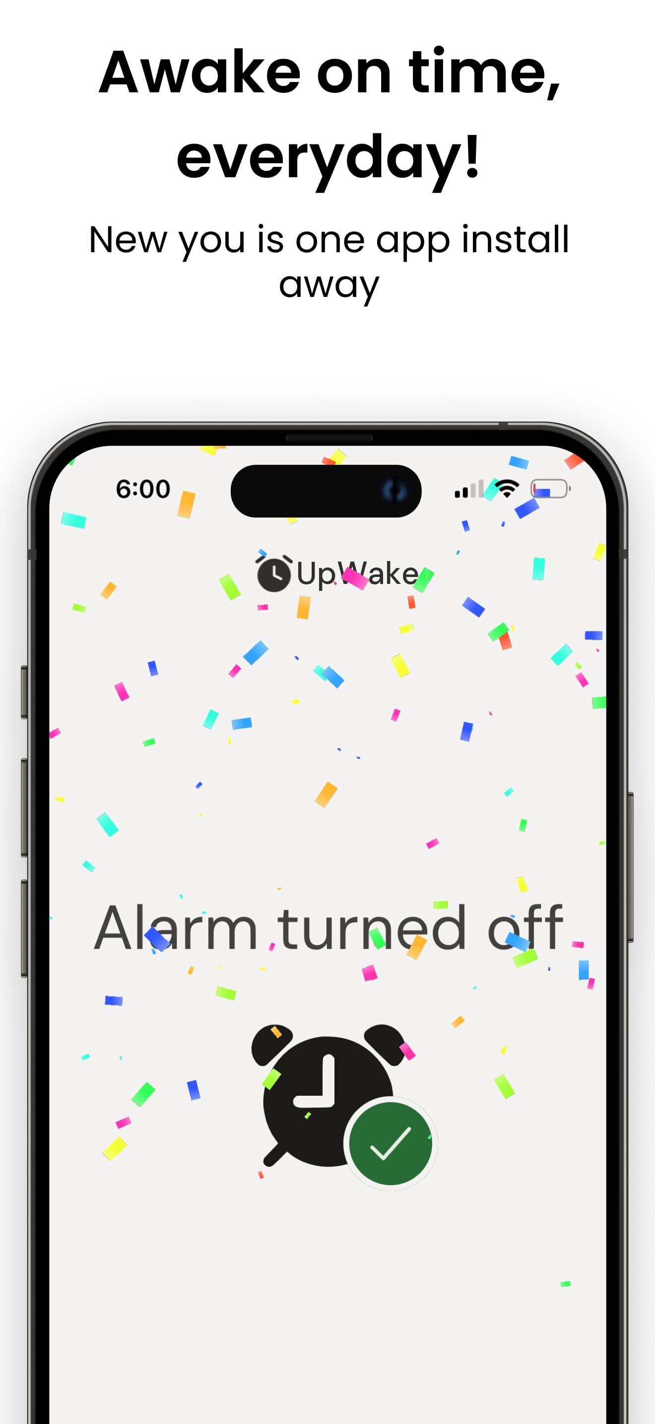 The Alarm turned off screen under falling confetti, with a ticked alarm clock.