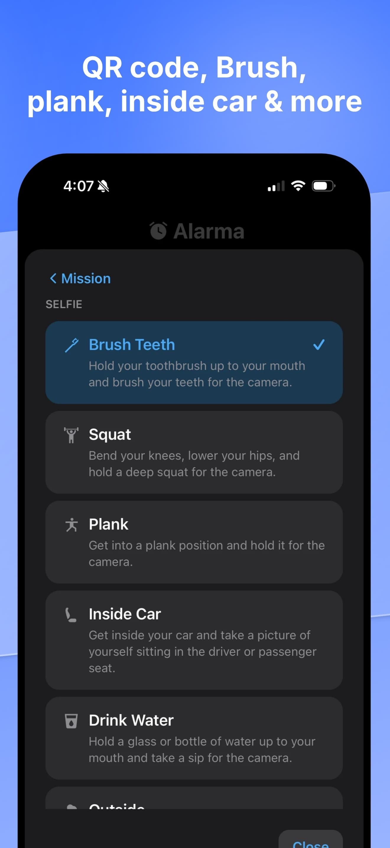 Alarma's mission picker, showing selfie missions: brush teeth, squat, plank, inside car and drink water, each with a line describing what the camera has to see.