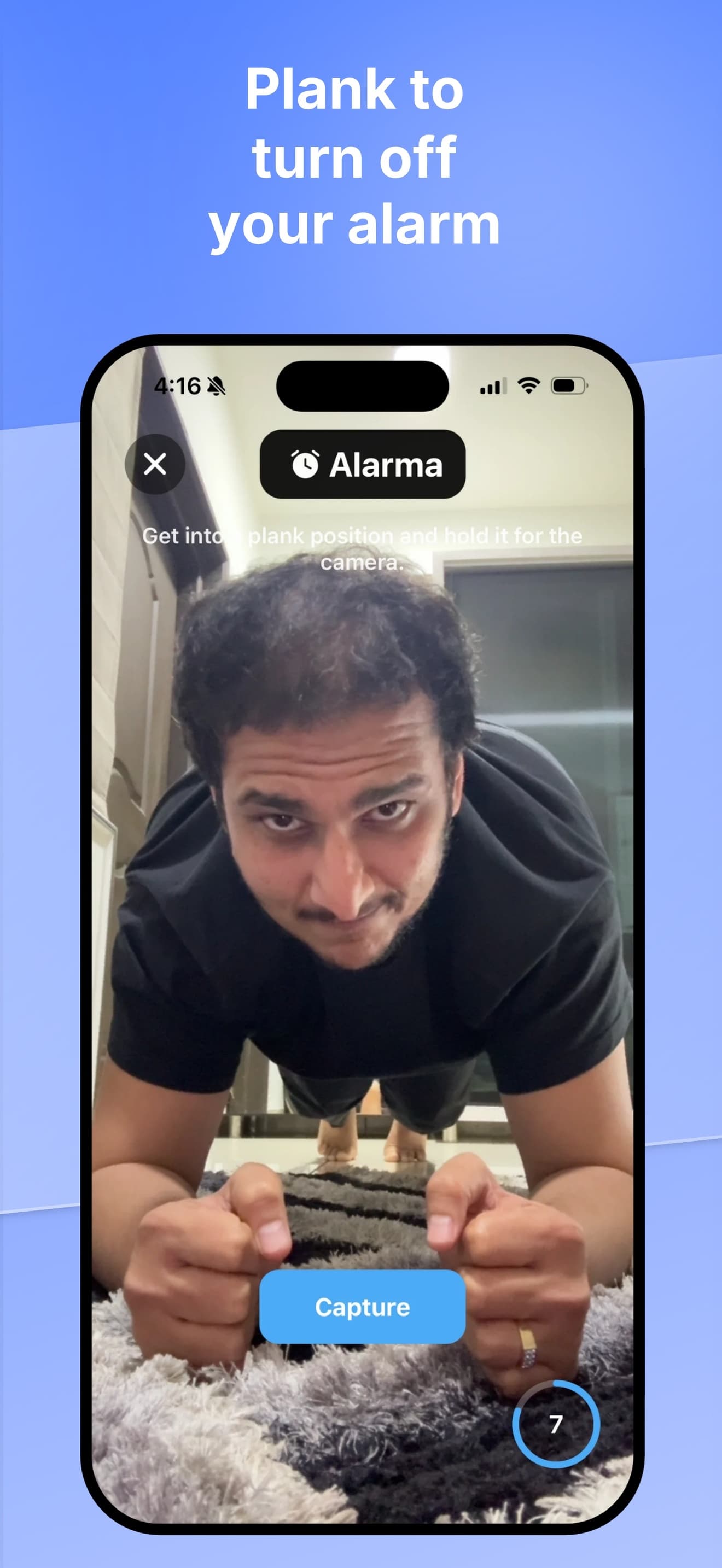 A plank mission underway: the camera is pointed at a man holding a plank on a rug, with a Capture button and seven seconds left on the timer.