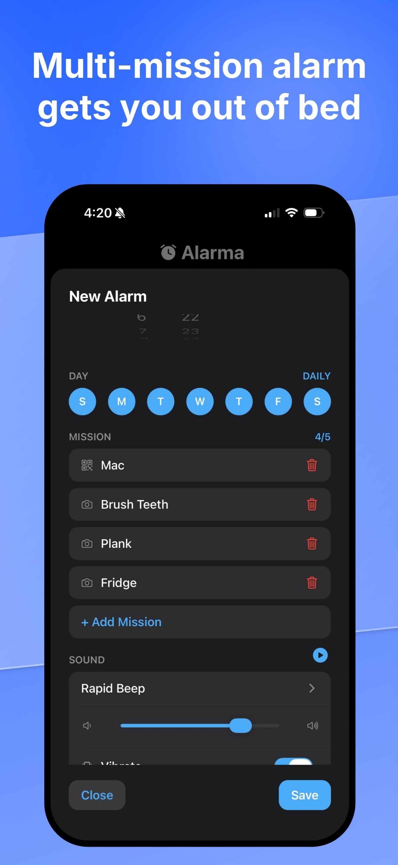 The new alarm screen, repeating daily, with four missions stacked up — a QR code, brush teeth, plank and fridge — above the sound picker set to Rapid Beep.